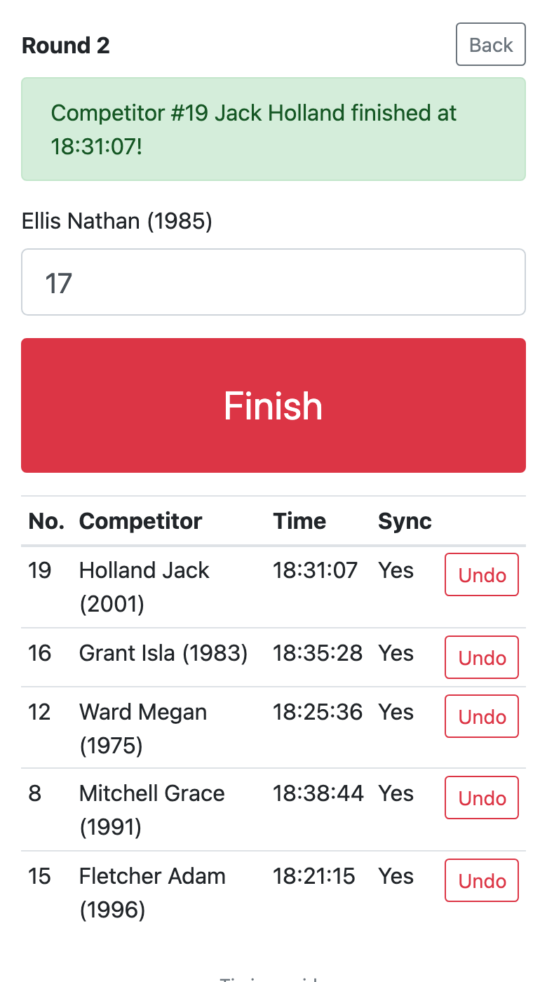 The finish — start number and the Finish button