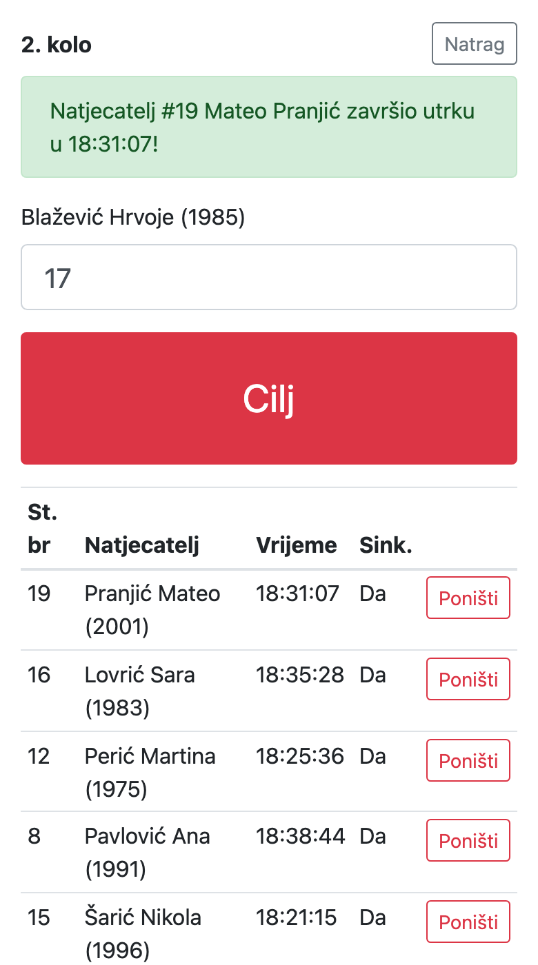 Cilj — startni broj i gumb Cilj