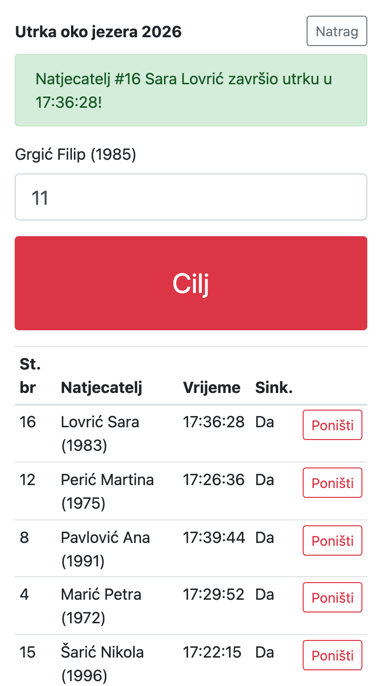 Cilj — startni broj i gumb Cilj