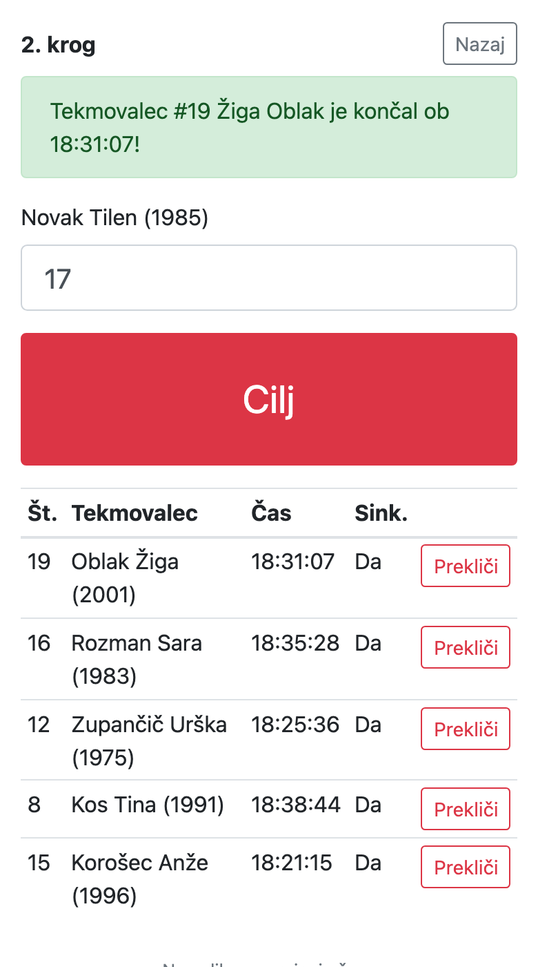 Cilj — štartna številka in gumb Cilj
