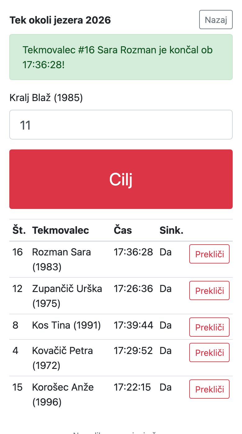 Cilj — štartna številka in gumb Cilj
